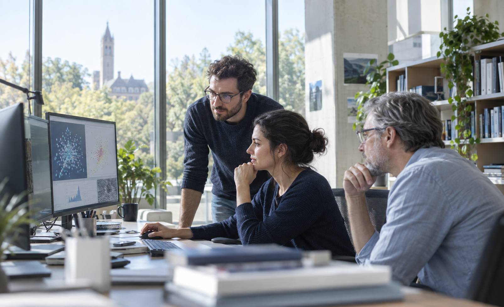 Illustrative image of researchers collaborating in a contemporary workspace